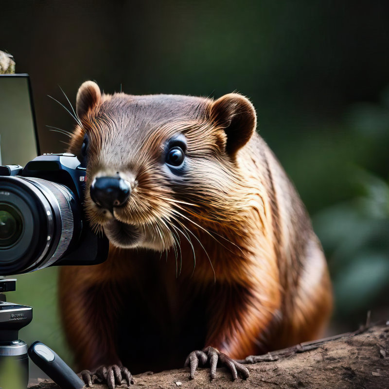 AI Generated illustration of a beaver filming a scene outdoors.