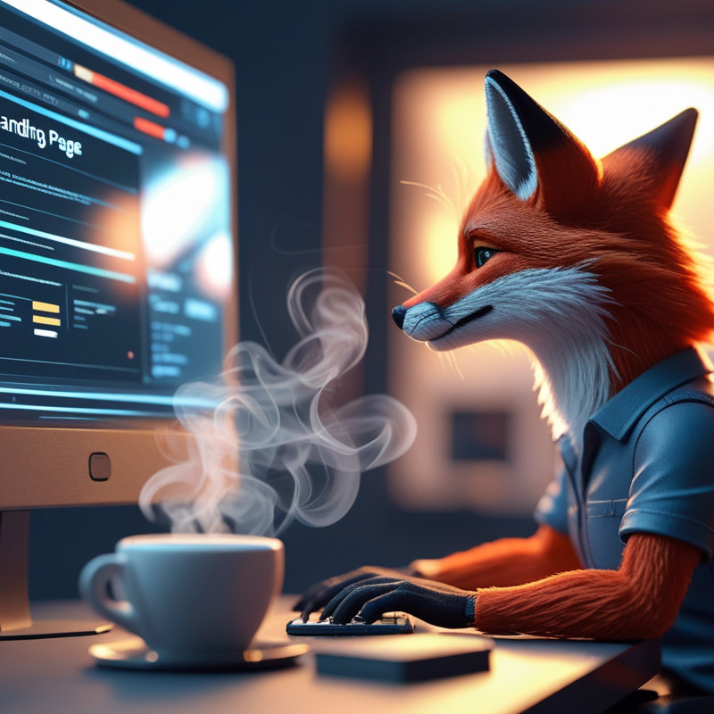 AI Generated A hyper-realistic miniature scene featuring a red tailed fox designing a landing page for a new client. The illustration is 3/4 view where you see the transparent floating monitor, in a high-tech environment, over the foxes shoulder, from behind. Place a cup of coffee on the desk with slight mist showing how hot the coffee is.